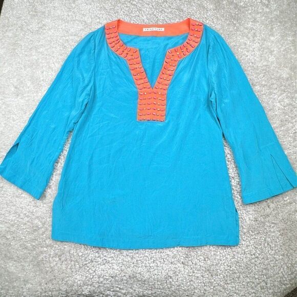 Trina Turk Silk Beaded Embellished Tunic Blue Orange - Picture 1 of 9